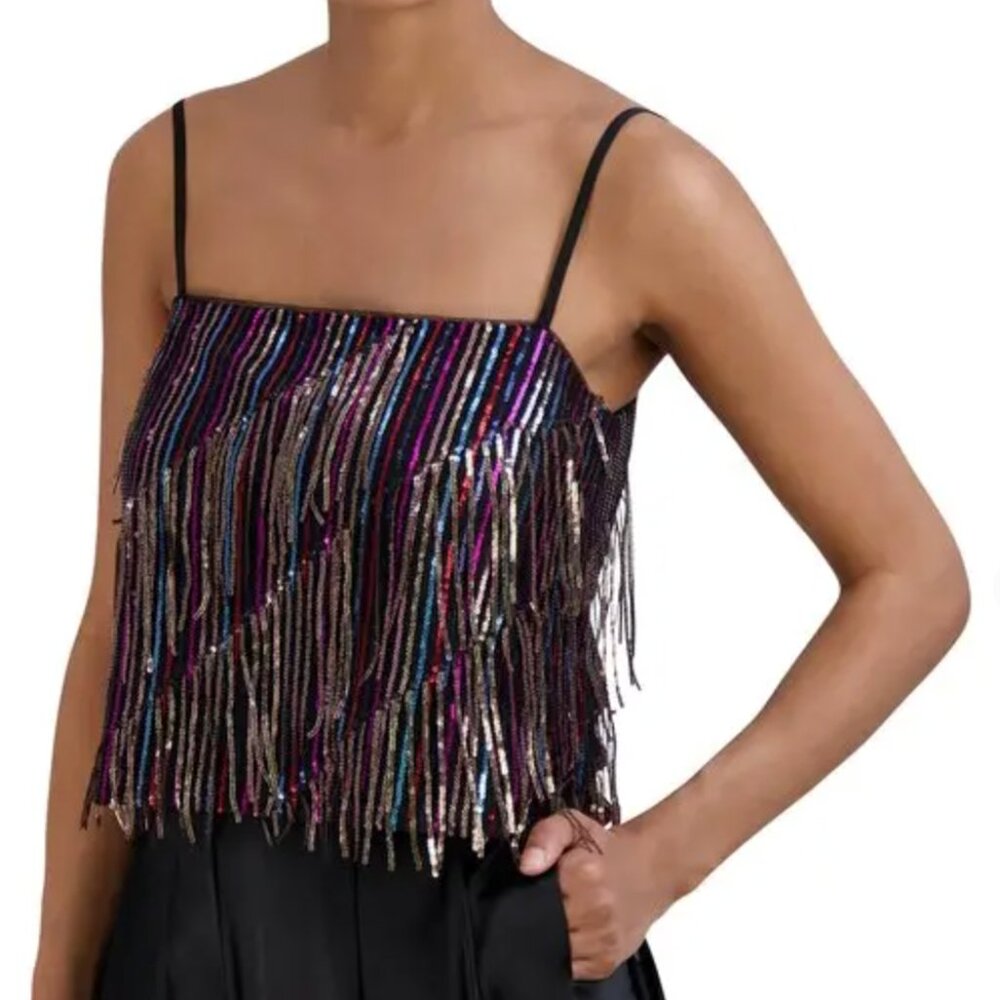 BCBGMaxAzria Sequin Fringe Party Top Size 0 NWT NYE Style Black Gold Multicolor